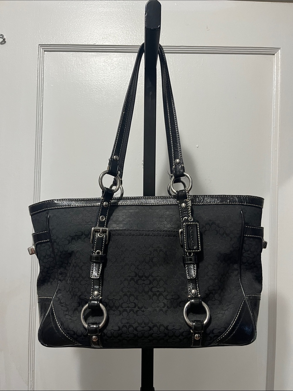 Coach Black Signature Jacquard Shoulder Tote with Leather Trim